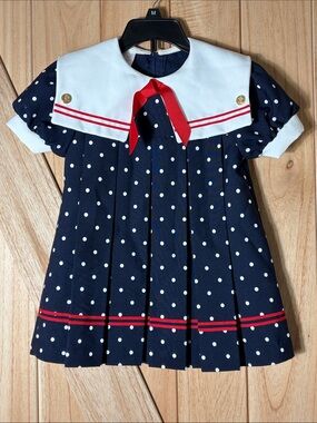 Vintage Rose Cottage Girls 4 Navy Polka Dot Sailor Dress Nautical USA Made